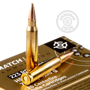 A photograph detailing the 223 Remington ammo with Hollow-Point Boat Tail (HP-BT) bullets made by Prvi Partizan.