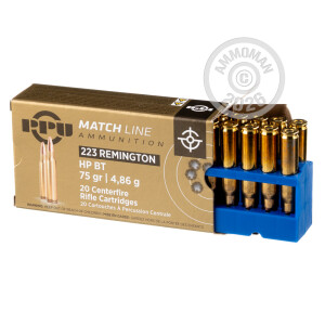 A photograph of 1000 rounds of 75 grain 223 Remington ammo with a Hollow-Point Boat Tail (HP-BT) bullet for sale.