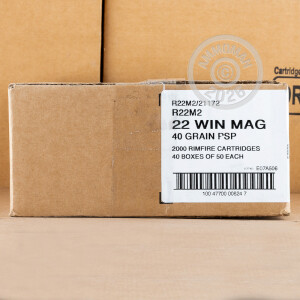 Image of the 22 WMR REMINGTON MAGNUM RIMFIRE 40 GRAIN PSP (500 ROUNDS) available at AmmoMan.com.