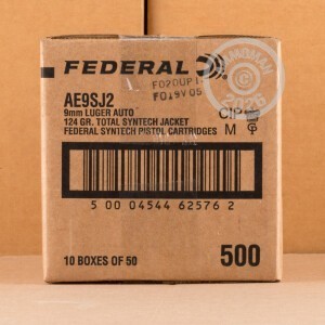 Photograph showing detail of 9MM FEDERAL SYNTECH RANGE 124 GRAIN TSJ FN (500 ROUNDS)
