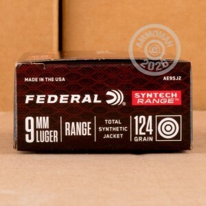 Photo detailing the 9MM FEDERAL SYNTECH RANGE 124 GRAIN TSJ FN (500 ROUNDS) for sale at AmmoMan.com.