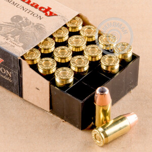 A photograph detailing the .45 Automatic ammo with JHP bullets made by Hornady.