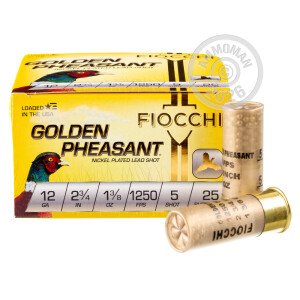 Photograph showing detail of 12 GAUGE FIOCCHI GOLDEN PHEASANT 2-3/4" #5 NICKEL-PLATED LEAD SHOT (25 ROUNDS)