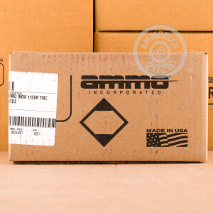 A photograph detailing the 9mm Luger ammo with Total Metal Jacket (TMJ) bullets made by Ammo Incorporated.