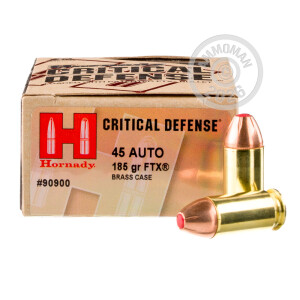Photo detailing the 45 ACP HORNADY CRITICAL DEFENSE 185 GRAIN FTX (20 ROUNDS) for sale at AmmoMan.com.