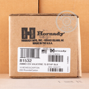 A photograph of 200 rounds of 75 grain .224 Valkyrie ammo with a Hollow-Point Boat Tail (HP-BT) bullet for sale.