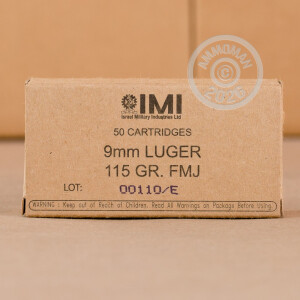 Image of 9mm Luger ammo by Israeli Military Industries that's ideal for training at the range.