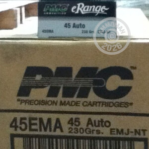Photo detailing the .45 ACP PMC E-RANGE 230 GRAIN TMJ (50 ROUNDS) for sale at AmmoMan.com.