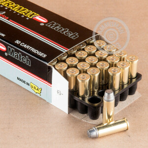 A photograph of 50 rounds of 240 grain 44 Remington Magnum ammo with a Lead Semi-Wadcutter (LSWC) bullet for sale.