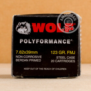 Photograph showing detail of 7.62X39MM WOLF WPA POLYFORMANCE 123 GRAIN FMJ (20 ROUNDS)