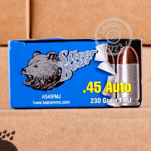 Photo detailing the 45 ACP SILVER BEAR 230 GRAIN FULL METAL JACKET #AS45FMJ (500 ROUNDS) for sale at AmmoMan.com.