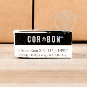 Image of 6.8 SPC ammo by Corbon that's ideal for hunting varmint sized game, precision shooting, training at the range.