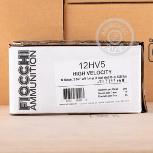 Photo detailing the 12 GAUGE FIOCCHI HIGH VELOCITY 2-3/4“ 1-1/4 OZ. #5 SHOT (25 ROUNDS) for sale at AmmoMan.com.
