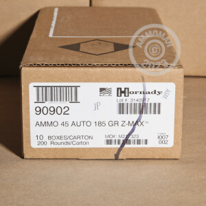 Photo detailing the 45 ACP HORNADY Z-MAX ZOMBIE 185 GRAIN JHP (20 ROUNDS) for sale at AmmoMan.com.