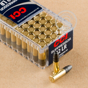 Photograph of .22 Long Rifle ammo with Lead Hollow Point (LHP) ideal for hunting varmint sized game, training at the range.