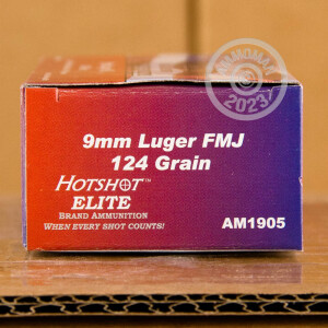 Image of 9mm Luger ammo by Hotshot Ammunition that's ideal for training at the range.