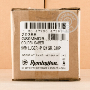 Photo detailing the 9MM +P REMINGTON GOLDEN SABER 124 GRAIN BJHP (500 ROUNDS) for sale at AmmoMan.com.