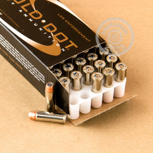 Image detailing the nickel-plated brass case and boxer primers on the Speer ammunition.
