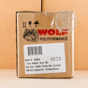 Photo detailing the 9MM MAKAROV WOLF WPA POLYFORMANCE 94 GRAIN FMJ (1000 ROUNDS) for sale at AmmoMan.com.