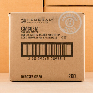 Photo detailing the 308 WIN FEDERAL GOLD MEDAL 168 GRAIN MATCHKING BTHP (500 ROUNDS) for sale at AmmoMan.com.