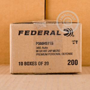 Image of the 380 ACP FEDERAL PREMIUM PERSONAL DEFENSE 99 GRAIN HST JHP (200 ROUNDS) available at AmmoMan.com.