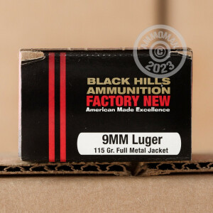 Photo detailing the 9MM LUGER BLACK HILLS 115 GRAIN FMJ (20 ROUNDS) for sale at AmmoMan.com.