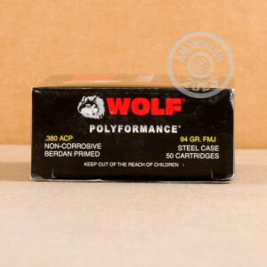 Photo detailing the 380 AUTO WOLF WPA POLYFORMANCE 94 GRAIN FMJ (1000 ROUNDS) for sale at AmmoMan.com.