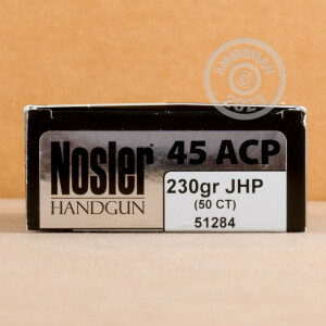 A photo of a box of Nosler Ammunition ammo in .45 Automatic.