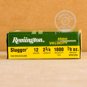 Photo detailing the 12 GAUGE REMINGTON SLUGGER 2 3/4" 7/8 OZ HIGH VELOCITY RIFLED SLUG (5 ROUNDS) for sale at AmmoMan.com.