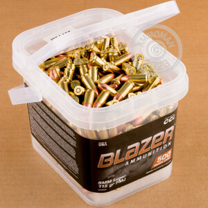 Photo detailing the 9MM BLAZER BRASS 115 GRAIN FMJ (500 ROUNDS IN BUCKET) for sale at AmmoMan.com.