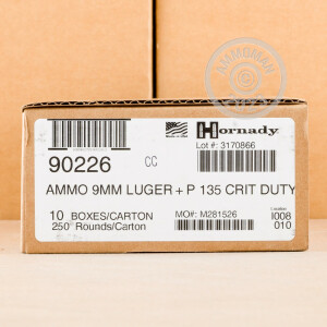 Image of the 9MM LUGER +P HORNADY CRITICAL DUTY 135 GRAIN FLEXLOCK JHP (250 ROUNDS) available at AmmoMan.com.