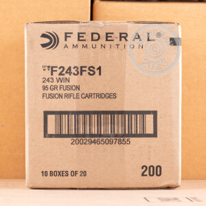 Photo detailing the 243 WIN FEDERAL 95 GRAIN FUSION (200 ROUNDS) for sale at AmmoMan.com.