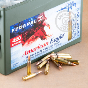 A photograph detailing the bulk 5.56x45mm ammo with FMJ-BT bullets made by Federal.
