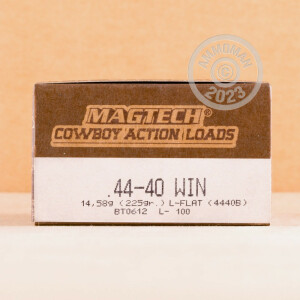 A photograph detailing the 44-40 WCF ammo with Lead Flat Nose bullets made by Magtech.