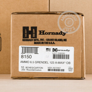 Photograph showing detail of 6.5 GRENDEL HORNADY 123 GRAIN A-MAX POLYMER TIP (20 ROUNDS)