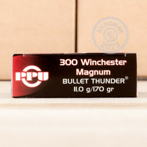 A photograph of 20 rounds of 170 grain 300 Winchester Magnum ammo with a Pointed Soft-Point (PSP) bullet for sale.