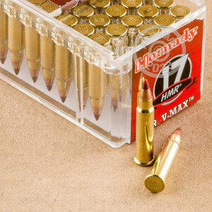 Photo detailing the 17 HMR HORNADY V-MAX 17 GRAIN JHP (50 ROUNDS) for sale at AmmoMan.com.
