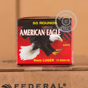 Photo detailing the 9MM LUGER FEDERAL AMERICAN EAGLE (TRAYLESS) 115 GRAIN FMJ (50 ROUNDS) for sale at AmmoMan.com.