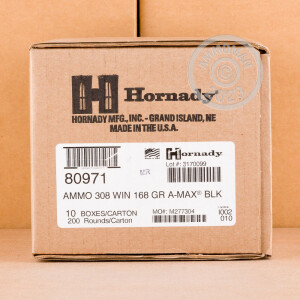 Image of the 308 WIN HORNADY BLACK 168 GRAIN A-MAX (200 ROUNDS) available at AmmoMan.com.
