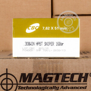 Photo detailing the 308 CBC MAGTECH MATCH 168 GRAIN HPBT (50 ROUNDS) for sale at AmmoMan.com.