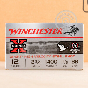 Photo detailing the 12 GAUGE WINCHESTER SUPER-X 2 3/4" 1 1/8 OZ BB STEEL SHOT GAME LOAD (25 ROUNDS) for sale at AmmoMan.com.