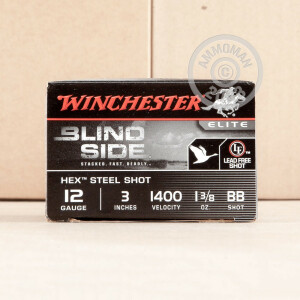 Photo detailing the 12 GAUGE WINCHESTER ELITE BLIND SIDE 3" 1 3/8 OZ. #BB SHOT (25 ROUNDS) for sale at AmmoMan.com.