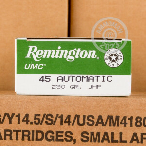 Photo detailing the .45 ACP REMINGTON UMC 230 GRAIN JHP (50 ROUNDS) for sale at AmmoMan.com.