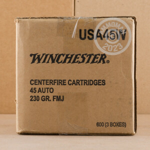 Photo detailing the 45 ACP WINCHESTER RANGE PACK 230 GRAIN FMJ (200 ROUNDS) for sale at AmmoMan.com.