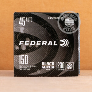 Photo detailing the 45 ACP FEDERAL BLACK PACK 230 GRAIN FMJ (600 ROUNDS) for sale at AmmoMan.com.