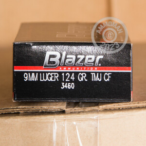 An image of 9mm Luger ammo made by Blazer at AmmoMan.com.