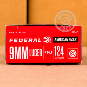 Photo detailing the 9MM LUGER FEDERAL AMERICAN EAGLE 124 GRAIN FMJ (50 ROUNDS) for sale at AmmoMan.com.