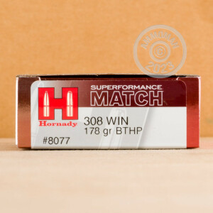 Photo detailing the 308 WINCHESTER HORNADY SUPERFORMANCE MATCH 178 GRAIN BTHP (20 ROUNDS) for sale at AmmoMan.com.
