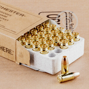 Photo detailing the 9MM WINCHESTER SERVICE GRADE 115 GRAIN FMJ (50 ROUNDS) for sale at AmmoMan.com.