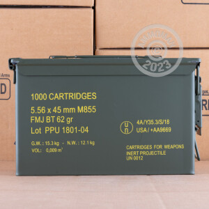 Photograph showing detail of 5.56X45 PRVI PARTIZAN 62 GRAIN FMJBT M855 (1000 ROUNDS IN AMMO CAN)